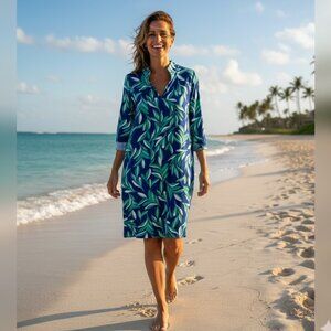 Katherine Way blue/green V neck 3/4 sleeve Coco leaf pattern shift dress XL